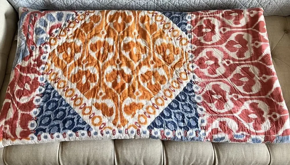 Anthropologie Queen Quilt Blue Orange Boho Ikat 100% Cotton Reversible